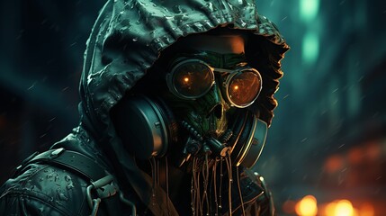 Fashion cyberpunk girl in leather hoodie jacket wears gas mask with protective glasses