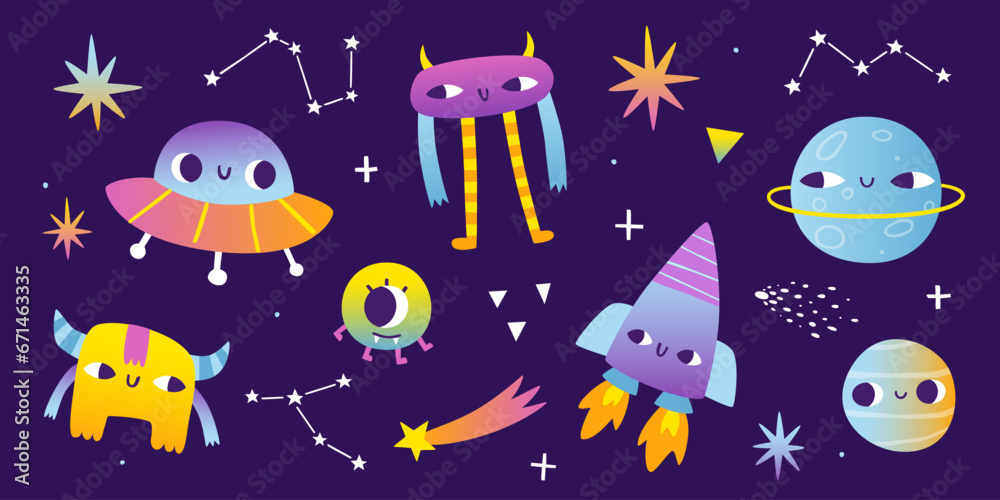 Wall mural groovy space set. cute abstract cosmic collection with surreal gradient bright colors. psychedelic c