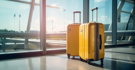 Two suitcases or hard-sided suitcases are standing at the airport terminal with a view of the tarmac - theme vacation, flying and travel agency - obrazy, fototapety, plakaty