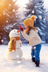 A little girl makes a snowman for the New Year. Snow is blowing, forest in the background. Winter colors. - obrazy, fototapety, plakaty