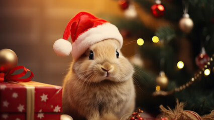 Photo of a cute rabbit in a Santa Claus hat on a New Year's background