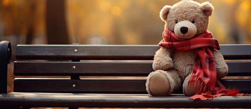 Scarf clad teddy sits on red bench