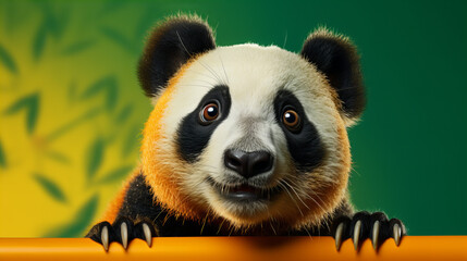 Curious Panda on a Vibrant Background, charming panda peers with curiosity from its perch, set...