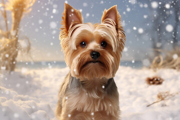 Portrait of a little cute dog at home at christmas with gifts and bokeh, christmas concept