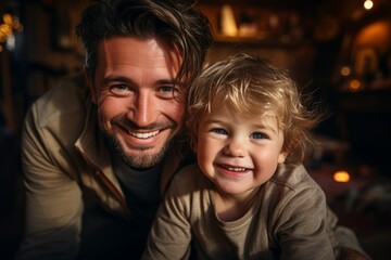 Happy father's day. Parents and children being friends. Portrait of cheerful and joyful father and son smiling together to camera, spending time at home together. Single dad concept