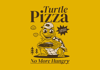 Turtle pizza, no more hungry. Mascot character illustration of a turtle holding pizza