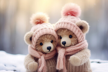 Fototapeta premium Cartoon bear cubs. Winter. Snowfall. Generative AI