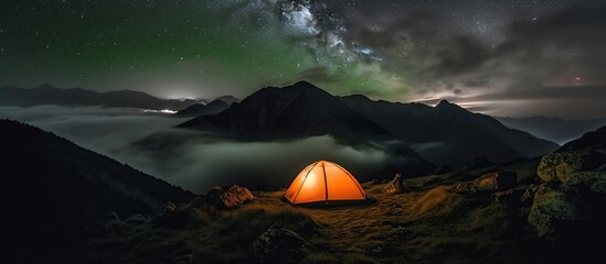 Camping at night, under the stars, outdoors. Green tent over mountains - obrazy, fototapety, plakaty