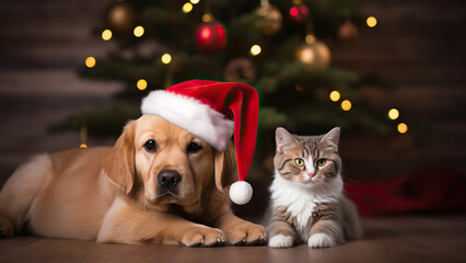 A dog with cat in a santa hat by a Christmas tree and background.