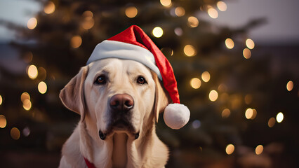 A dog in a santa hat by a Christmas tree.