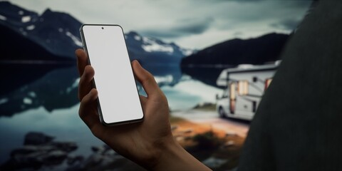CU Caucasian male using his phone near the RV in the evening. Phone mockup