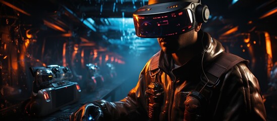 A gamer using glasses of virtual reality on dark background