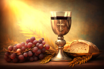 Holy communion on table on church.The Feast of Corpus Christi Concept. Generative AI. - obrazy, fototapety, plakaty