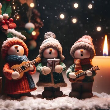 Cute Christmas cartoon carol singers made of clay wearing wooly winter hat and scarf singing and playing guitar at night in the snow cosy festive holiday scene with fir tree and candle glowing light 
