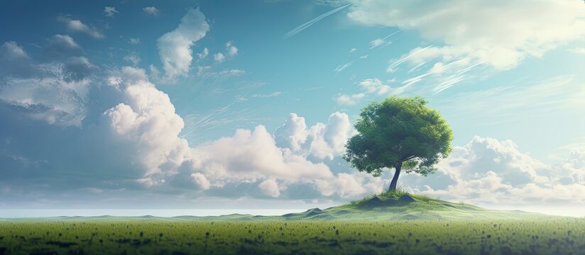 Manipulation of photos to create an ecological concept featuring a solitary tree growing on a meadow in the clouds