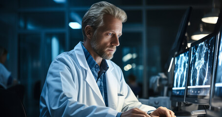 Adult Doctor in Hospital Inspects Lung X-ray on Computer