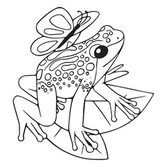 Contour blue dendrobatidae with butterfly. Cute venomous toad, poison dart frog. Wild spotted amphibian, exotic animal, rainforest fauna. Lineart isolated vector illustration on white background
