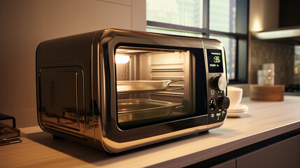 Modern microwave oven in kitchen - obrazy, fototapety, plakaty