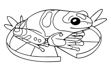 Outline Dendrobates leucomelas. Poison dart frog on water lily. Patterned froggy, spotted toad. Contour amphibian animal, tropical fauna. Lineart isolated vector illustration on white background