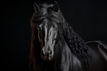 Obraz na płótnie Canvas Portrait of a black beautiful stallion on a dark background.black horse close-up with space for text