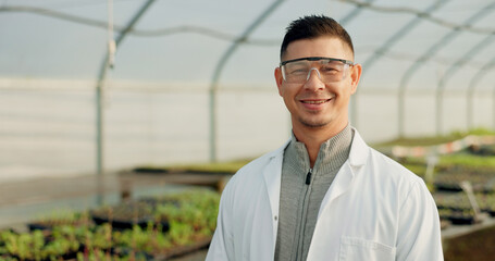 Portrait, botanist and happy man at greenhouse for science farm organic vegetables, plant or growth for ecology. Face, smile and scientist at nursery for agriculture in goggles for research in Mexico