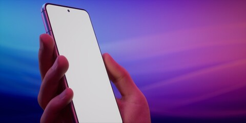 Caucasian male holding a phone in vertical orientation against vivid background