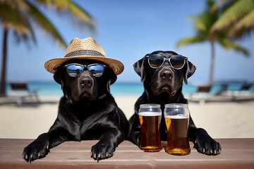 Two black labradors dogs wearing sun hat relax with a cold beer glasses on a tropical beach,...