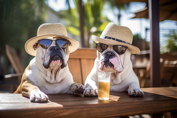 Two funny dogs wearing sun hats relax with a cold glass of beer on a tropical beach, generative ai