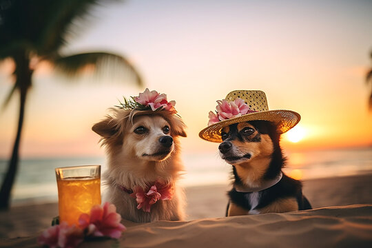 Two romantic dogs wearing flower hats relax with a cold glasses of beer on a tropical beach, generative ai