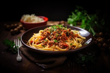 pasta bolognese with basil in plate on dark background. Rustic style