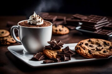 A high-definition photograph of a steaming cup of  cocoa topped with whipped cream and chocolate shavings, accompanied by a plate of freshly baked chocolate chip cookies - Powered by Adobe