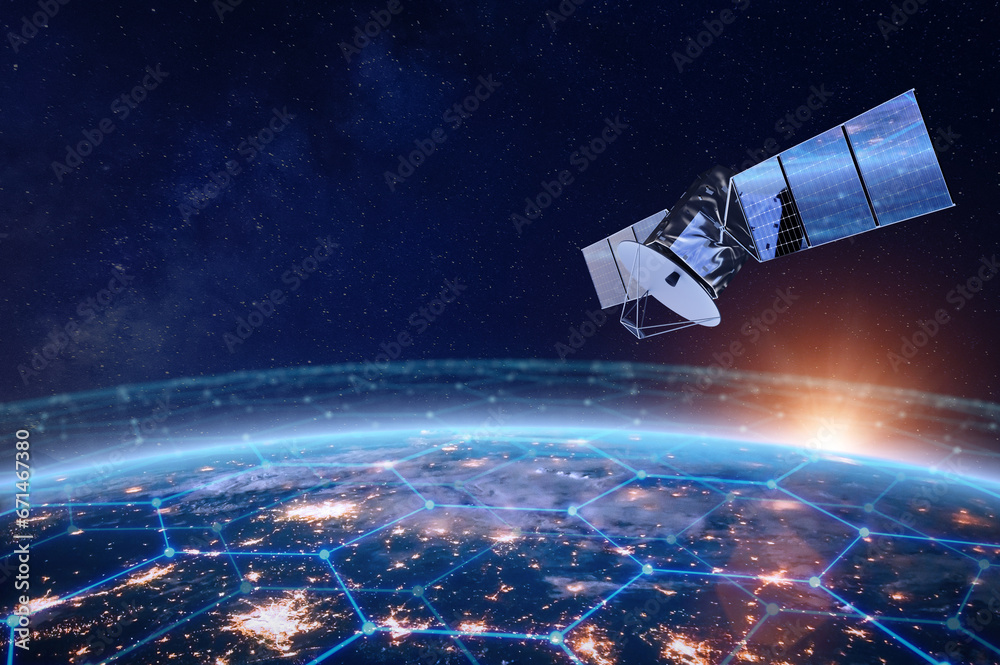 Wall mural telecommunication satellite providing global internet network and high speed data communication abov