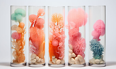 Glass bottles with corals on a white background.