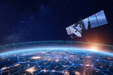 Telecommunication satellite providing global internet network and high speed data communication above Europe. Satellite in space, low Earth orbit. Worldwide data communication technology. - obrazy, fototapety, plakaty