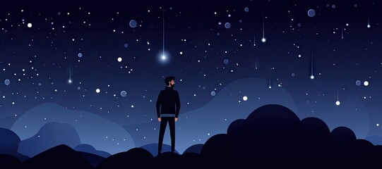 Man looking into the Stars Background - Simple Flat Illustration Vector Wallpaper - Animated Stars Backdrop with Empty Copy Space for Text and Advertising created with Generative AI Technology