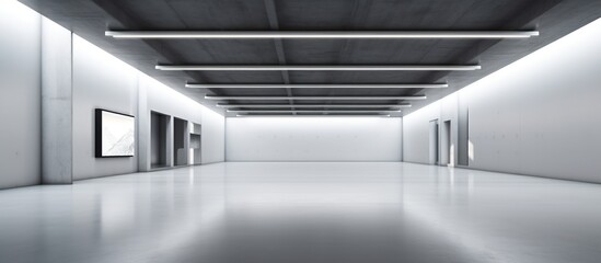 Industrial design project empty hall with led lights on top, grey walls and glossy concrete floor