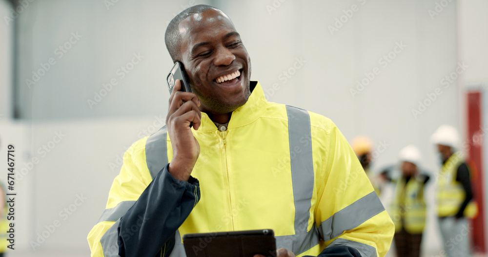 Poster Happy black man, engineer and phone call laughing with tablet for funny joke, meme or discussion at warehouse. African male person, architect or contractor smile on mobile smartphone for conversation