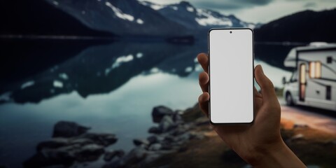 CU Caucasian male using his phone near the RV in the evening. Phone mockup