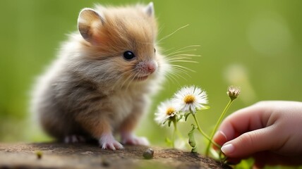 Cute fluffy animal with flowers