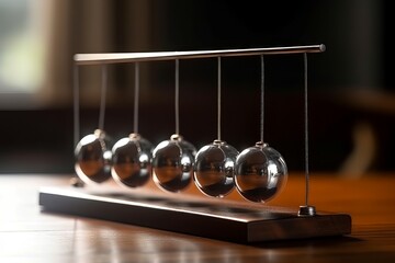 Newtons cradle wooden table sphere. Motion action shiny effect. Generate Ai - obrazy, fototapety, plakaty