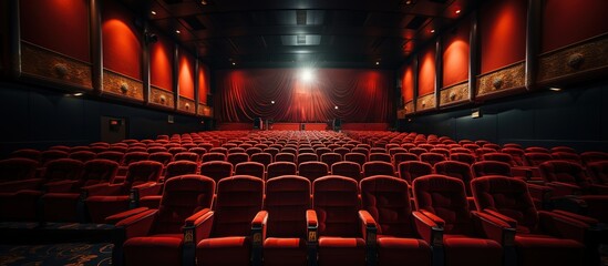 Modern cinema hall empty and red comfortable seats, movie theater seats or chair - obrazy, fototapety, plakaty