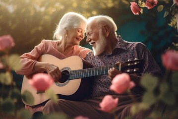 Old couple guitar play rose flowers. Lifestyle adult senior retirement. Generate Ai