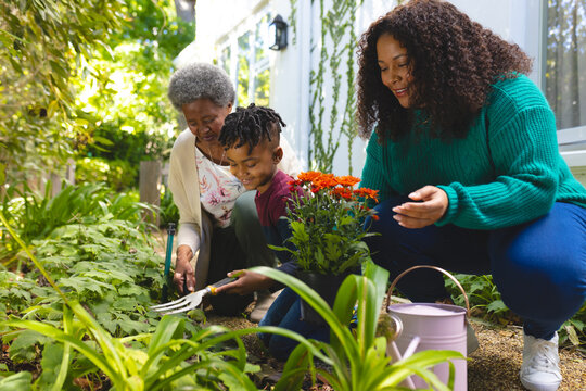 Happy african american mother, daughter and grandson working in sunny garden in backyard, copy space