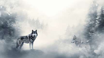 pack of wolves in the snowy foggy mountains