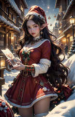 Beautiful girl in Santa Claus clothes on the background of the Christmas village