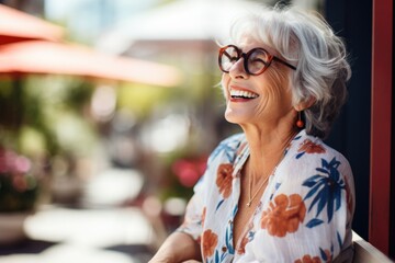 Photo of a beautiful happy elderly woman wearing glasses against the backdrop of beautiful mountains