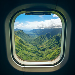rectangular airplane window formed through mountain, blue sky and greenery around it