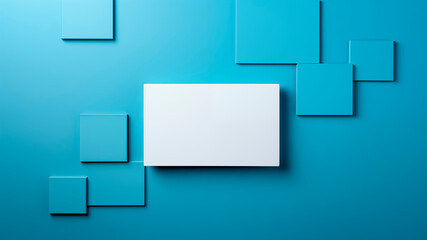 Blank white card on abstract blue background with squares. Copyspace.