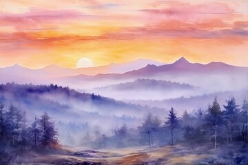 Fototapeta premium Watercolor Design of a Natural Summer Landscape in a Mountain Valley