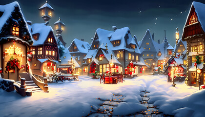 Naklejka premium Enchanting Snow-covered Christmas Village with Festive Evening Lights